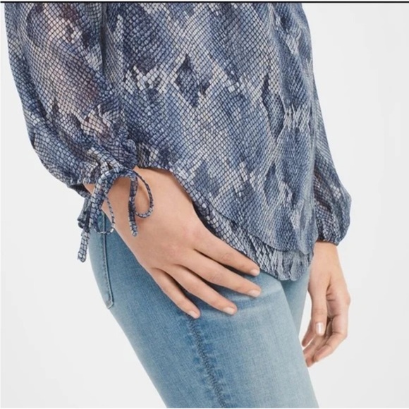 WHITE HOUSE BLACK MARKET Blue Semi-Sheer Snake Print Blouse - Picture 4 of 13